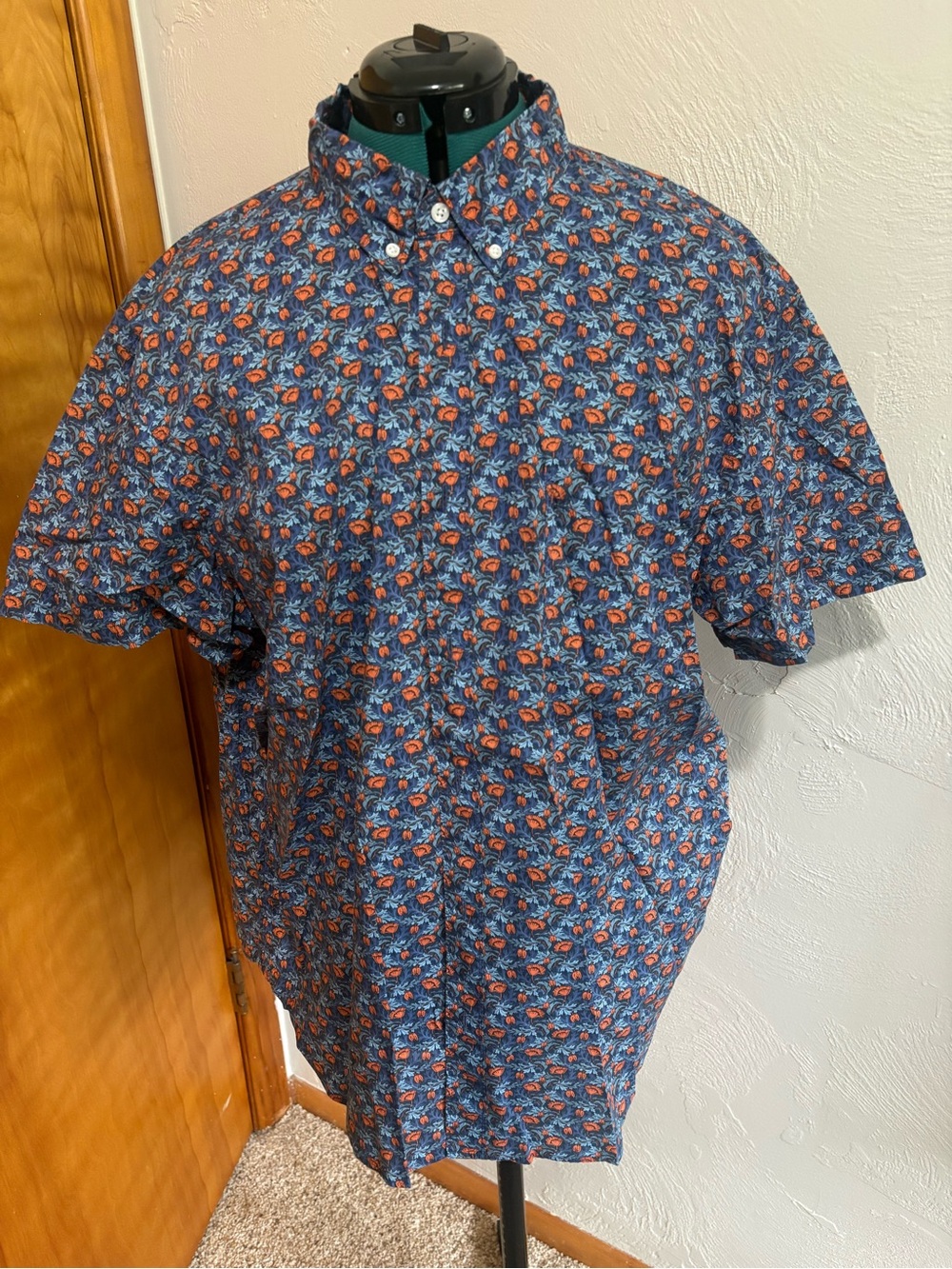 J. Crew Navy Short-Sleeve Button-Down with Red Floral Print